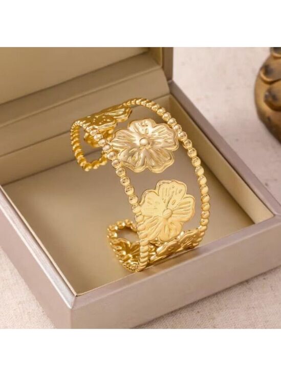 Jewelry - Flower-shaped Open Bracelet, Fashionable Elegant 304 Stainless Steel Bangle